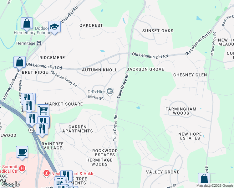 map of restaurants, bars, coffee shops, grocery stores, and more near 1072 Tulip Grove Road in Nashville