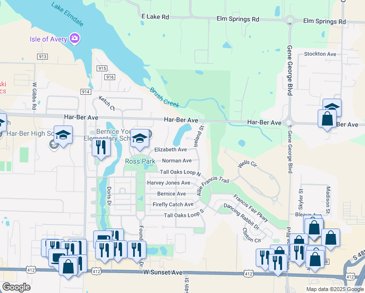 map of restaurants, bars, coffee shops, grocery stores, and more near 6444 Elizabeth Avenue in Springdale