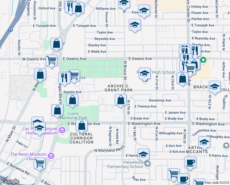 map of restaurants, bars, coffee shops, grocery stores, and more near 1616 Searles Avenue in Las Vegas
