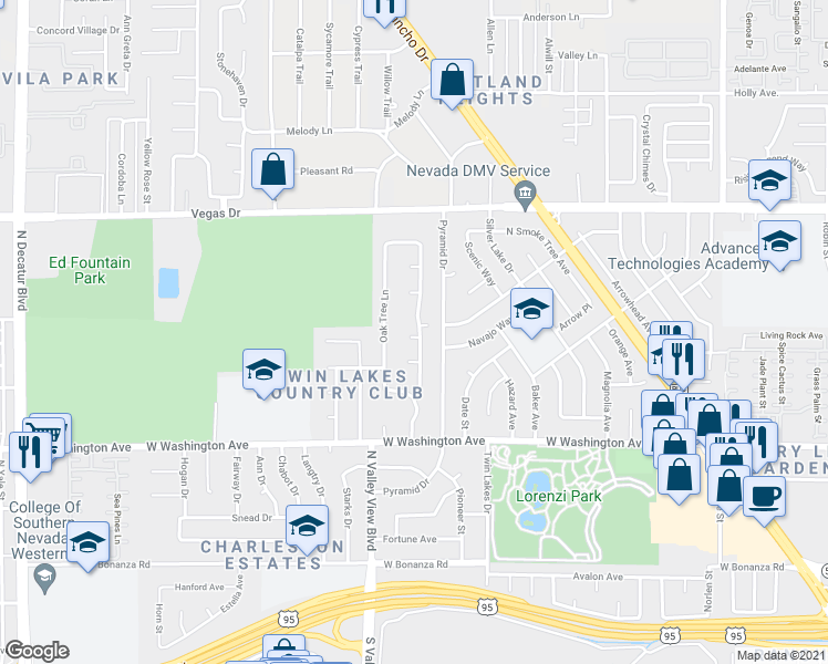 map of restaurants, bars, coffee shops, grocery stores, and more near 1117 Woodbridge Drive in Las Vegas