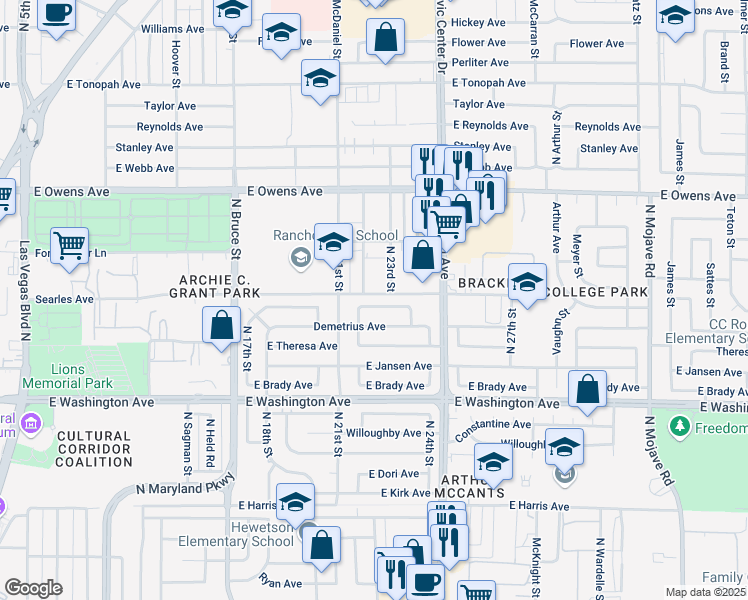 map of restaurants, bars, coffee shops, grocery stores, and more near 2213 East Melinda Avenue in Las Vegas