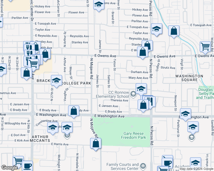 map of restaurants, bars, coffee shops, grocery stores, and more near 1305 Sattes Street in Las Vegas