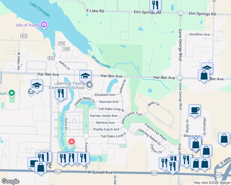map of restaurants, bars, coffee shops, grocery stores, and more near 6400 Elizabeth Ave in Springdale