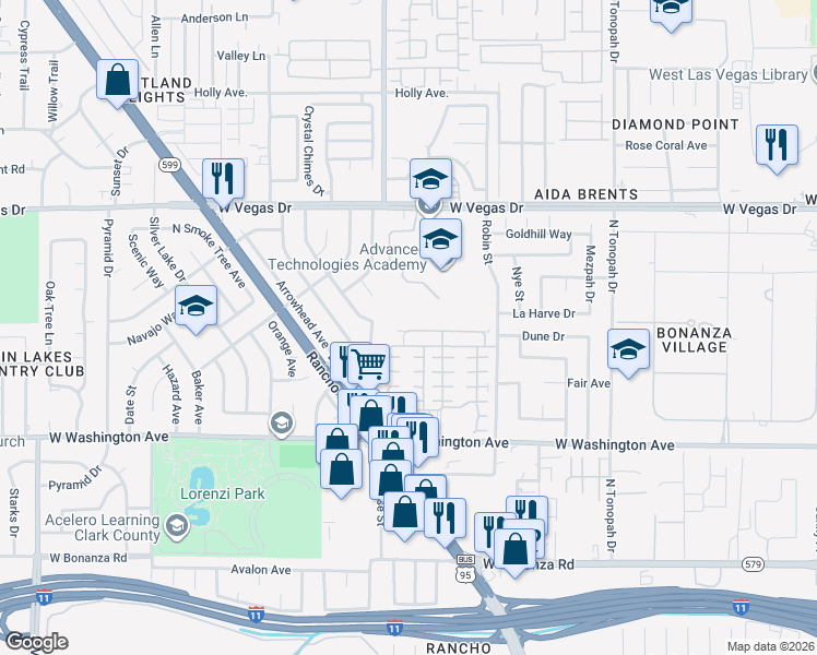 map of restaurants, bars, coffee shops, grocery stores, and more near 2625 Living Rock Street in Las Vegas