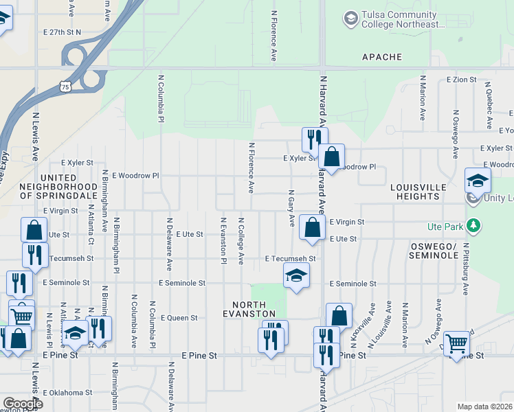map of restaurants, bars, coffee shops, grocery stores, and more near 3107 East Virgin Street in Tulsa