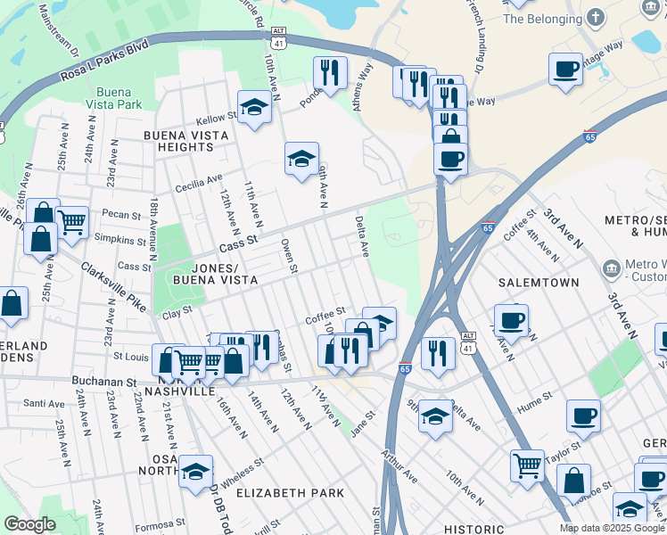 map of restaurants, bars, coffee shops, grocery stores, and more near 1919 9th Avenue North in Nashville