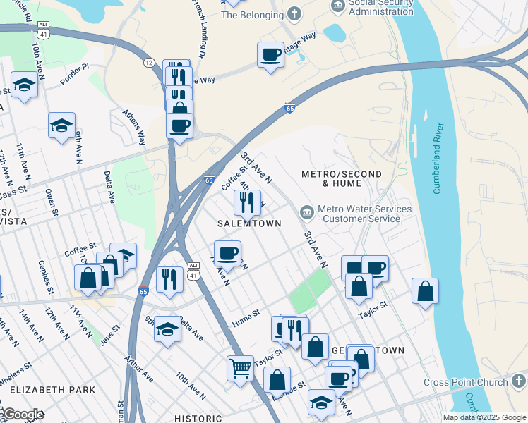 map of restaurants, bars, coffee shops, grocery stores, and more near 1803 4th Avenue North in Nashville