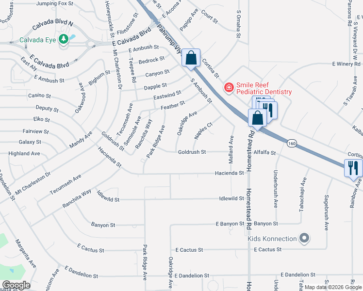 map of restaurants, bars, coffee shops, grocery stores, and more near 2411 Oakridge Avenue in Pahrump