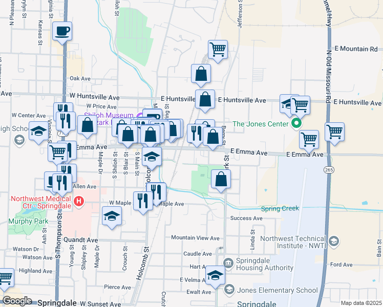 map of restaurants, bars, coffee shops, grocery stores, and more near 319 East Emma Avenue in Springdale