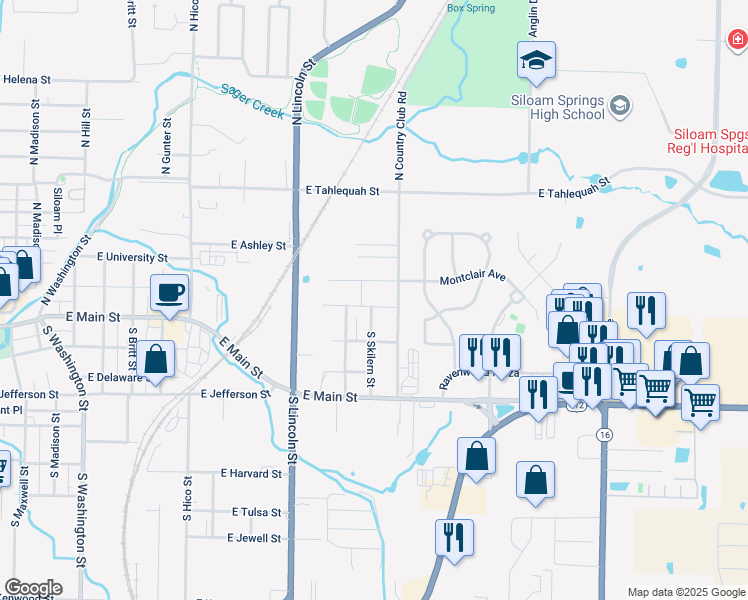 map of restaurants, bars, coffee shops, grocery stores, and more near 1701 East Central Street in Siloam Springs