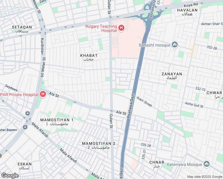 map of restaurants, bars, coffee shops, grocery stores, and more near Gulan Street in Erbil