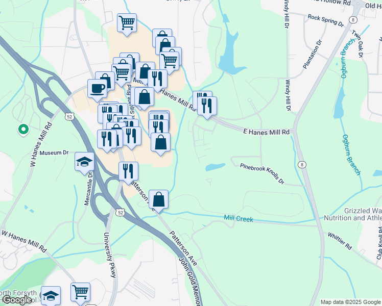 map of restaurants, bars, coffee shops, grocery stores, and more near 4455 Brassfield Drive in Winston-Salem