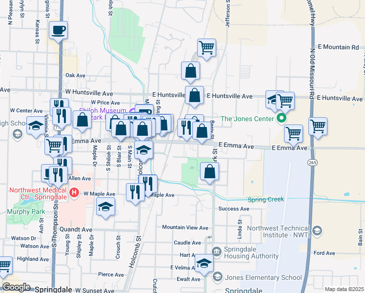 map of restaurants, bars, coffee shops, grocery stores, and more near 319 East Emma Avenue in Springdale