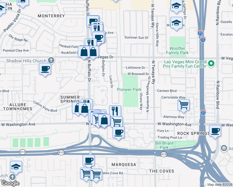 map of restaurants, bars, coffee shops, grocery stores, and more near 1241 Pacific Terrace Drive in Las Vegas
