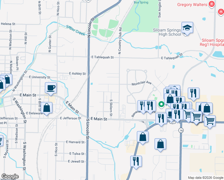 map of restaurants, bars, coffee shops, grocery stores, and more near 1701-1799 East Central Street in Siloam Springs