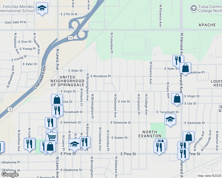 map of restaurants, bars, coffee shops, grocery stores, and more near 2717 East Virgin Street in Tulsa