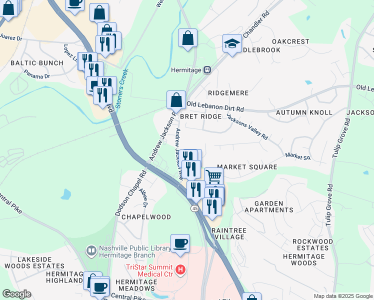 map of restaurants, bars, coffee shops, grocery stores, and more near 3835 Andrew Jackson Way in Nashville