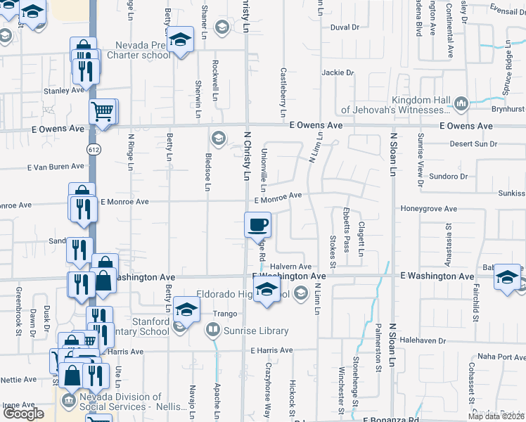 map of restaurants, bars, coffee shops, grocery stores, and more near 1340 Jarbridge Road in Las Vegas