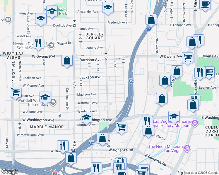 map of restaurants, bars, coffee shops, grocery stores, and more near 300 Madison Avenue in Las Vegas