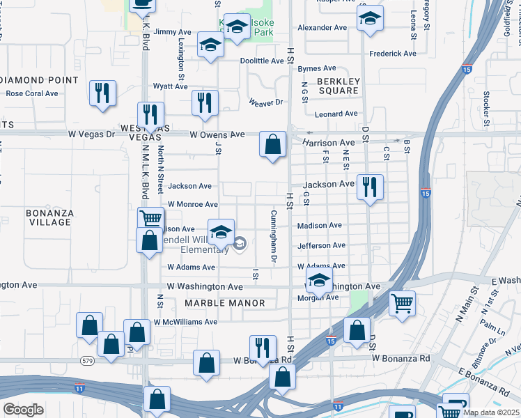 map of restaurants, bars, coffee shops, grocery stores, and more near 1214 I Street in Las Vegas