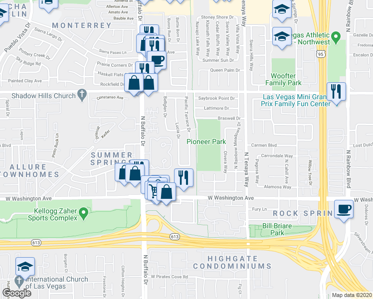 map of restaurants, bars, coffee shops, grocery stores, and more near 1232 Pacific Terrace Drive in Las Vegas