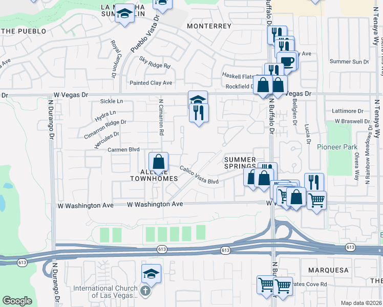 map of restaurants, bars, coffee shops, grocery stores, and more near 1104 Falconhead Lane in Las Vegas