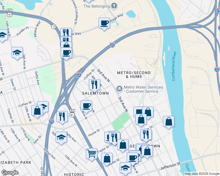 map of restaurants, bars, coffee shops, grocery stores, and more near 303 Buchanan Street in Nashville