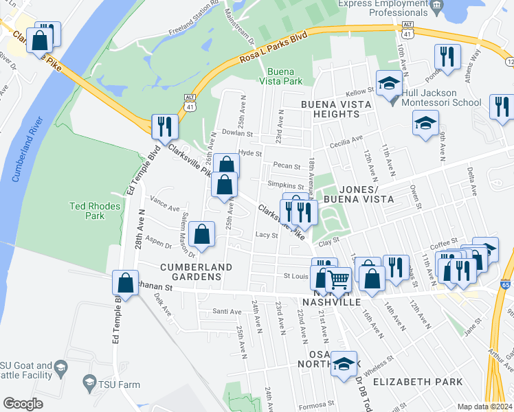 map of restaurants, bars, coffee shops, grocery stores, and more near 2022 24th Avenue North in Nashville