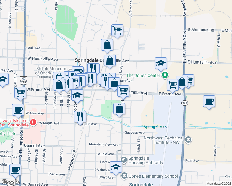 map of restaurants, bars, coffee shops, grocery stores, and more near 610 East Emma Avenue in Springdale