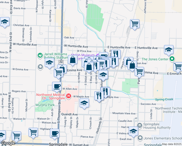 map of restaurants, bars, coffee shops, grocery stores, and more near 108 South Main Street in Springdale