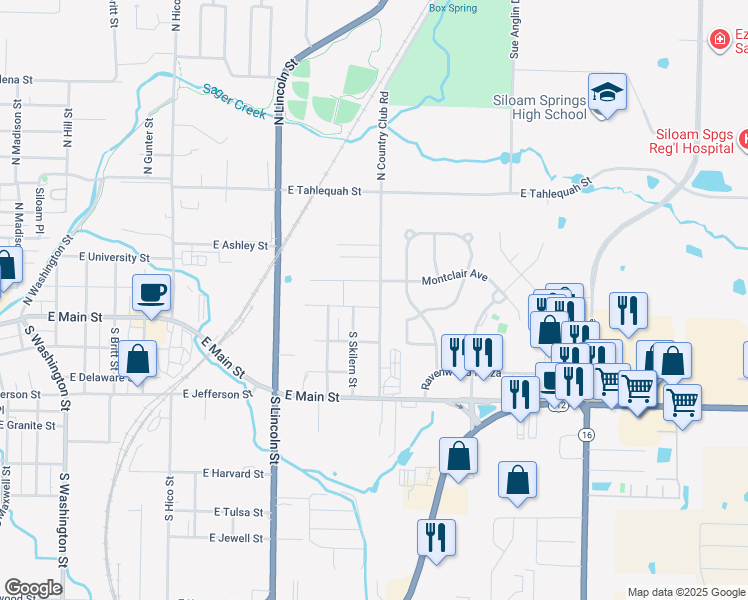 map of restaurants, bars, coffee shops, grocery stores, and more near 1701-1799 East Central Street in Siloam Springs