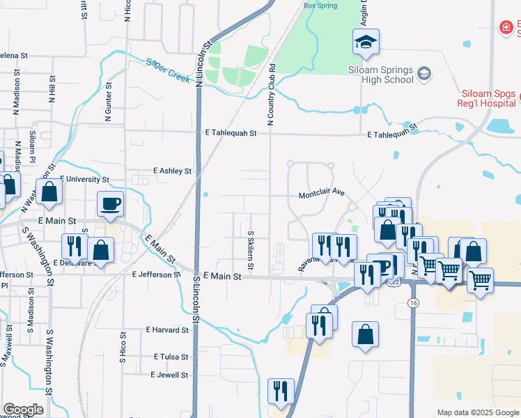 map of restaurants, bars, coffee shops, grocery stores, and more near 1701-1799 East Central Street in Siloam Springs