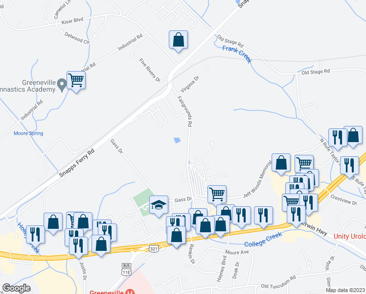 map of restaurants, bars, coffee shops, grocery stores, and more near 427 Fairgrounds Road in Greeneville