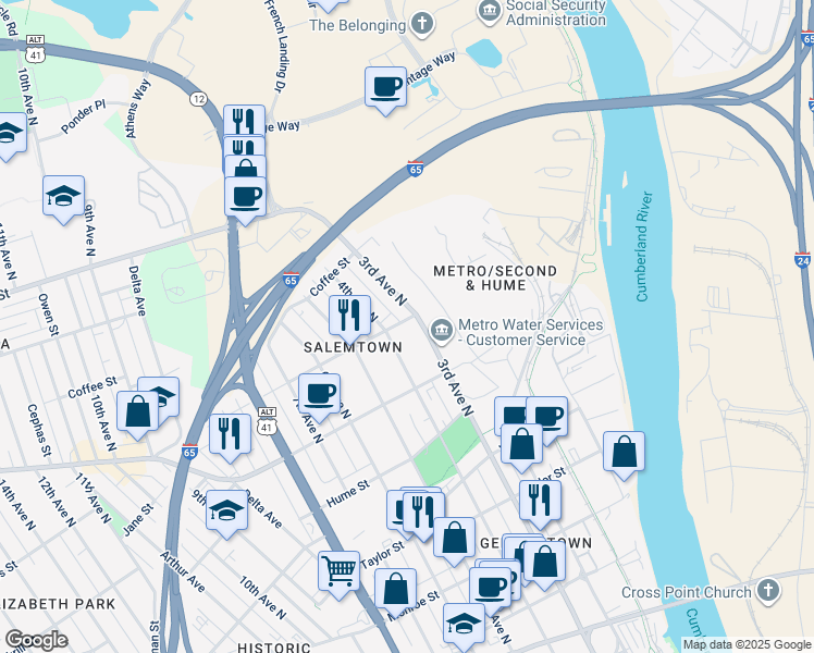 map of restaurants, bars, coffee shops, grocery stores, and more near 303 Buchanan Street in Nashville