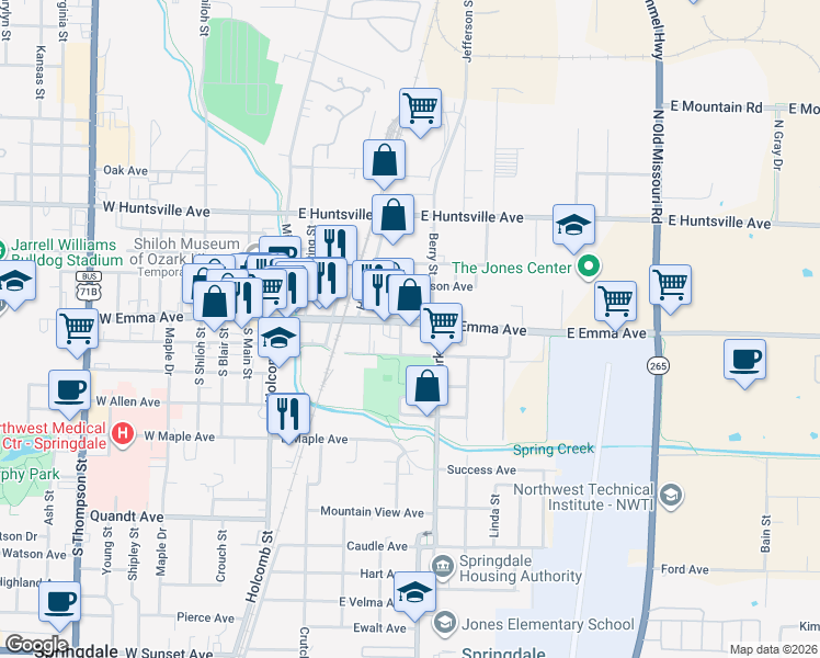 map of restaurants, bars, coffee shops, grocery stores, and more near 505 East Emma Avenue in Springdale