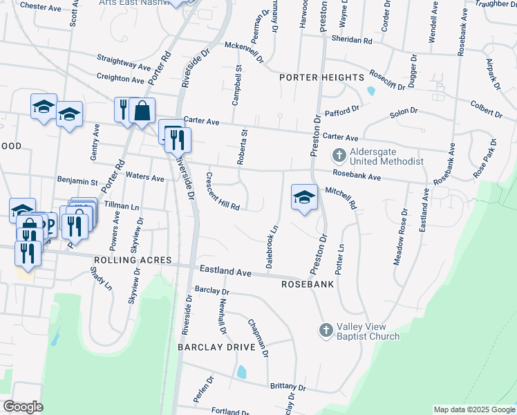 map of restaurants, bars, coffee shops, grocery stores, and more near 816 Crescent Hill Road in Nashville