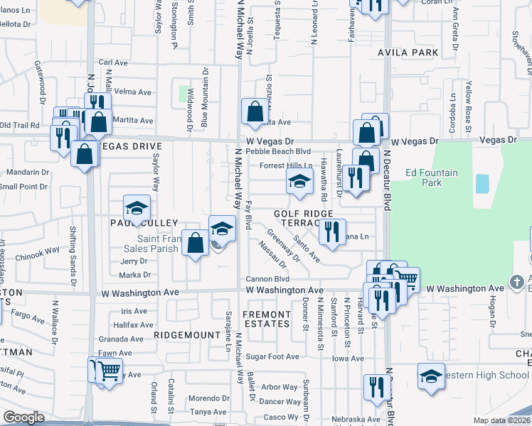 map of restaurants, bars, coffee shops, grocery stores, and more near 5225 Carmen Boulevard in Las Vegas