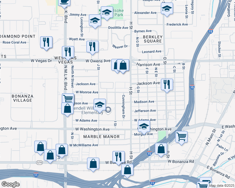 map of restaurants, bars, coffee shops, grocery stores, and more near 1214 I Street in Las Vegas