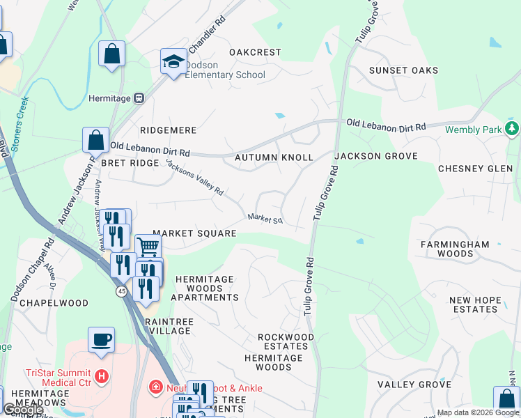 map of restaurants, bars, coffee shops, grocery stores, and more near 1556 Market Square in Nashville