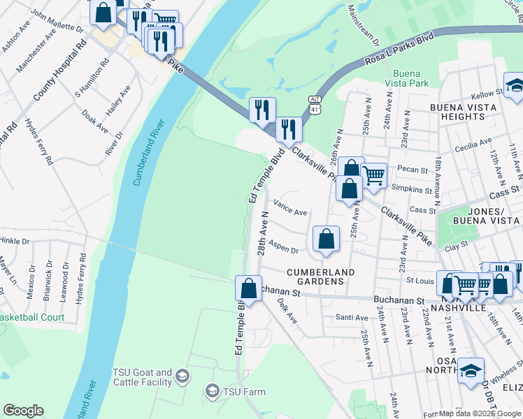 map of restaurants, bars, coffee shops, grocery stores, and more near 1917 28th Avenue North in Nashville