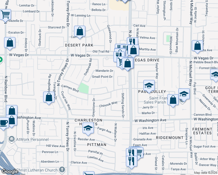 map of restaurants, bars, coffee shops, grocery stores, and more near 1305 North Pocono Way in Las Vegas