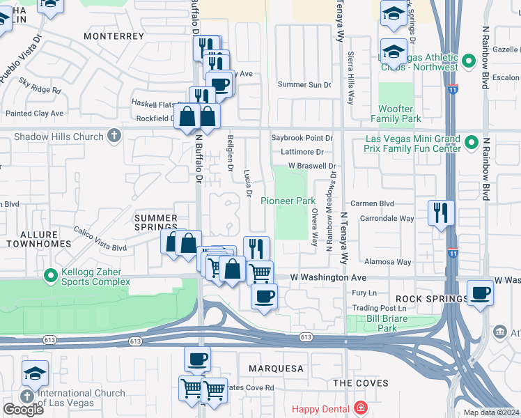 map of restaurants, bars, coffee shops, grocery stores, and more near 1241 Pacific Terrace Drive in Las Vegas