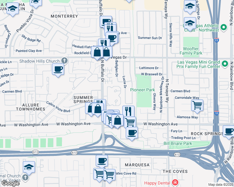map of restaurants, bars, coffee shops, grocery stores, and more near 1150 North Buffalo Drive in Las Vegas