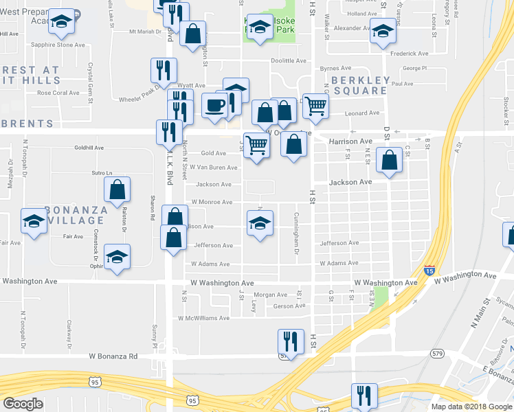 map of restaurants, bars, coffee shops, grocery stores, and more near 1121 West Monroe Avenue in Las Vegas