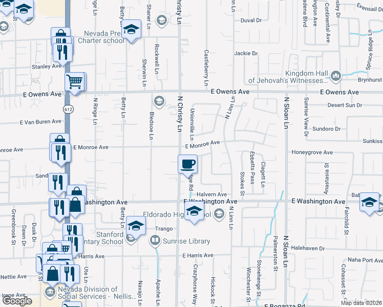 map of restaurants, bars, coffee shops, grocery stores, and more near 1340 Jarbridge Road in Las Vegas