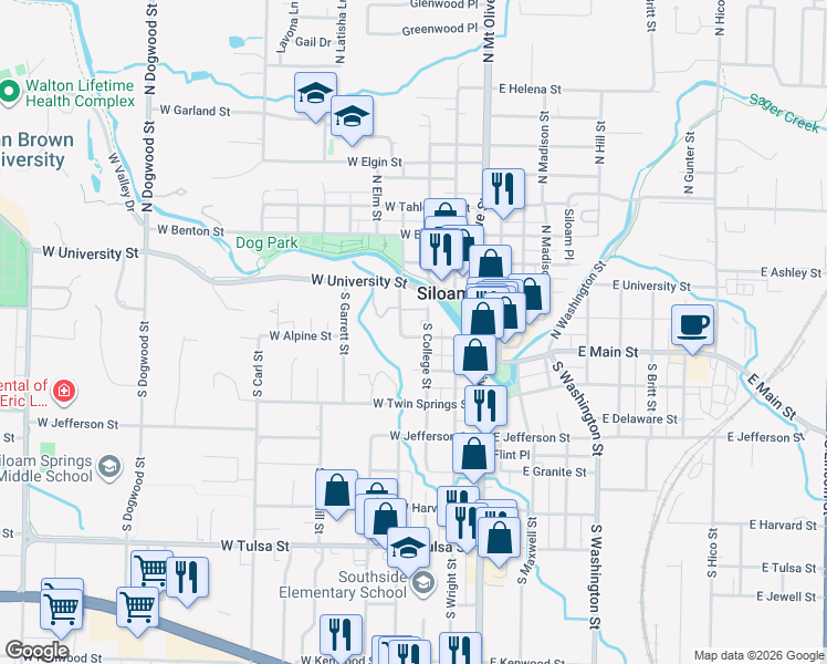 map of restaurants, bars, coffee shops, grocery stores, and more near 114 South College Street in Siloam Springs
