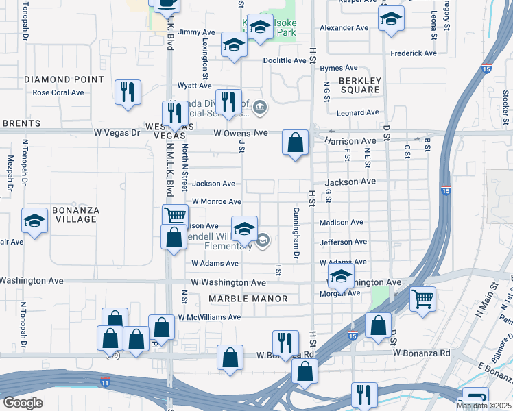 map of restaurants, bars, coffee shops, grocery stores, and more near 1121 West Monroe Avenue in Las Vegas