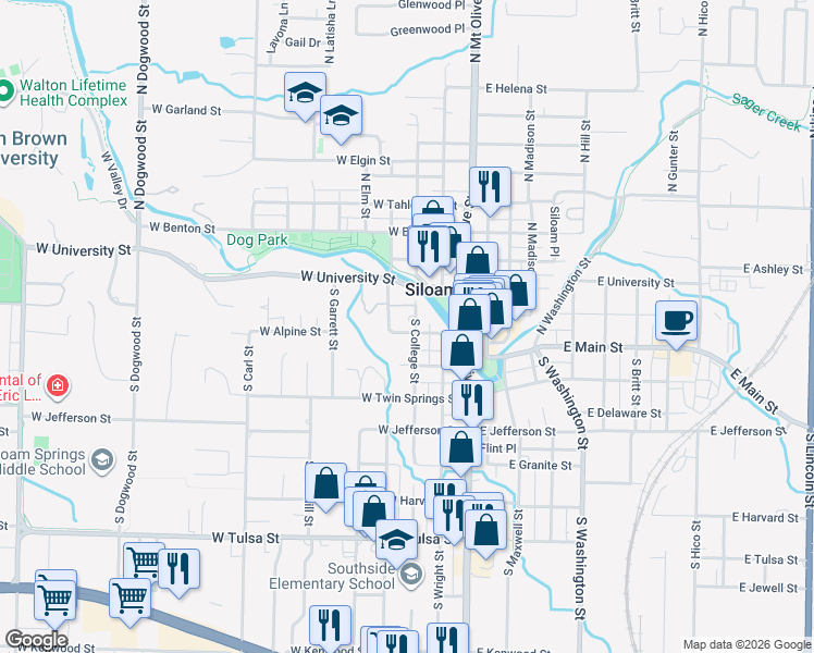map of restaurants, bars, coffee shops, grocery stores, and more near 114 South College Street in Siloam Springs