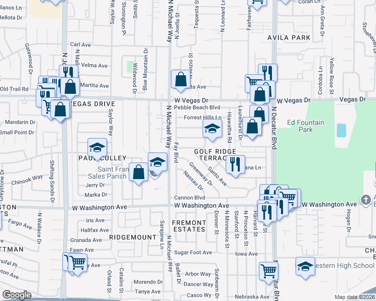map of restaurants, bars, coffee shops, grocery stores, and more near 5225 Carmen Boulevard in Las Vegas