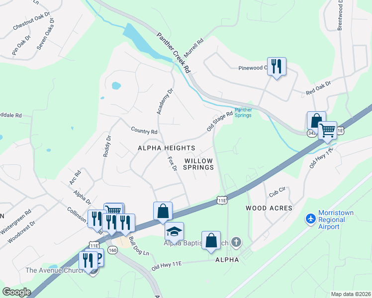 map of restaurants, bars, coffee shops, grocery stores, and more near 426 Willow Tree Lane in Morristown